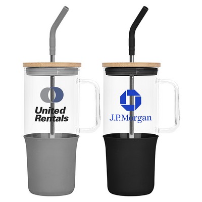 32 Oz. Glass Tumbler w/Handle and Straw